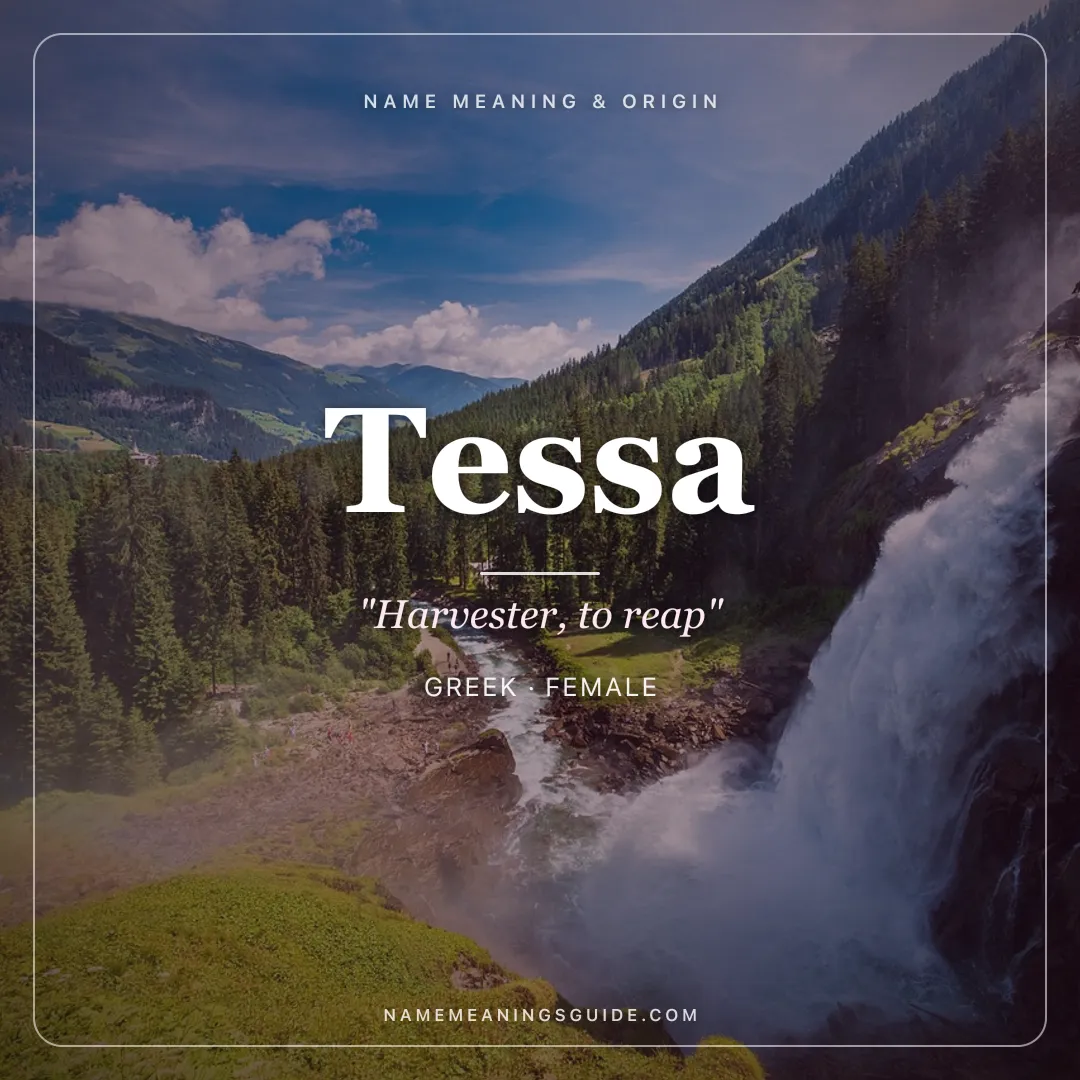 Tessa name meaning "Harvester, to reap" - Greek, English female name share card | NameMeanings