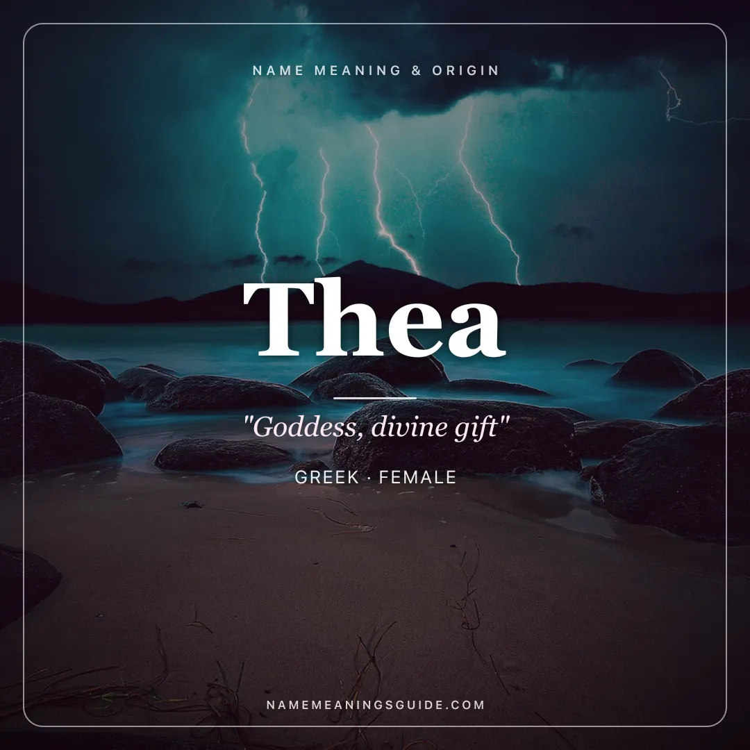 Thea name meaning "Goddess, divine gift" - Greek female name share card | NameMeanings