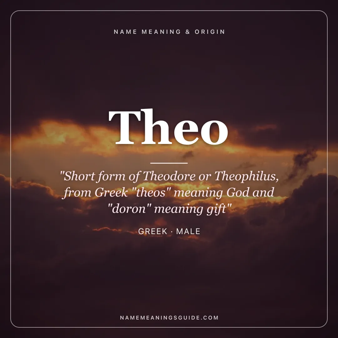 Theo name meaning "Short form of Theodore or Theophilus, from Greek "theos" meaning God and "doron" meaning gift" - Greek male name share card | NameMeanings