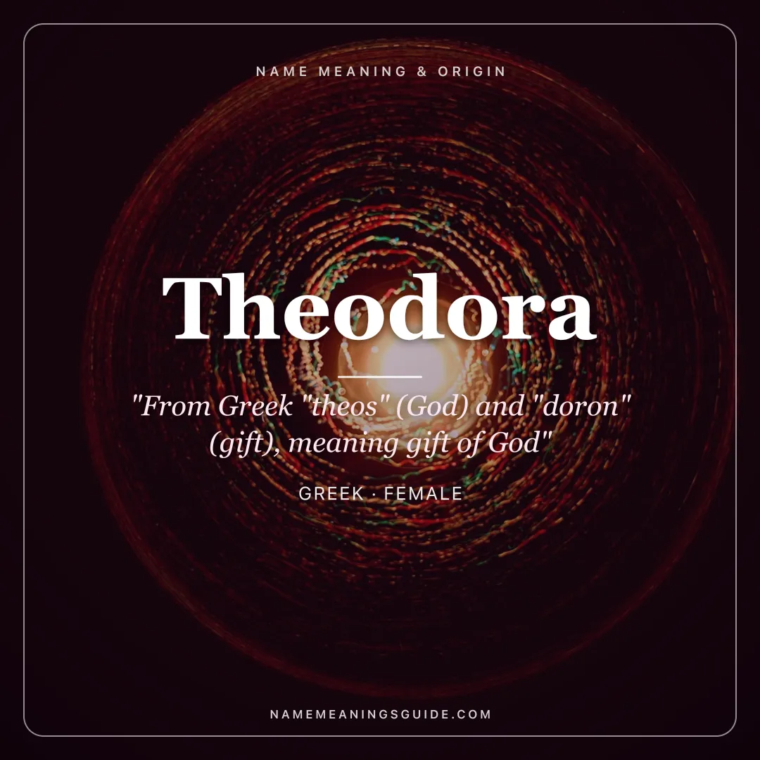 Theodora name meaning "From Greek "theos" (God) and "doron" (gift), meaning gift of God" - Greek female name share card | NameMeanings