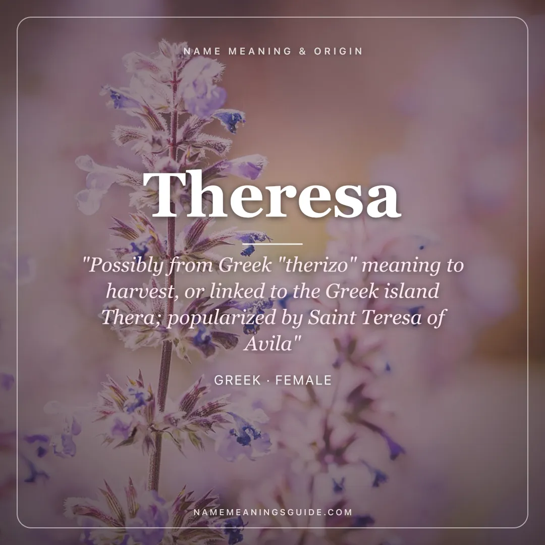 Theresa name meaning "Possibly from Greek "therizo" meaning to harvest, or linked to the Greek island Thera; popularized by Saint Teresa of Avila" - Greek female name share card | NameMeanings
