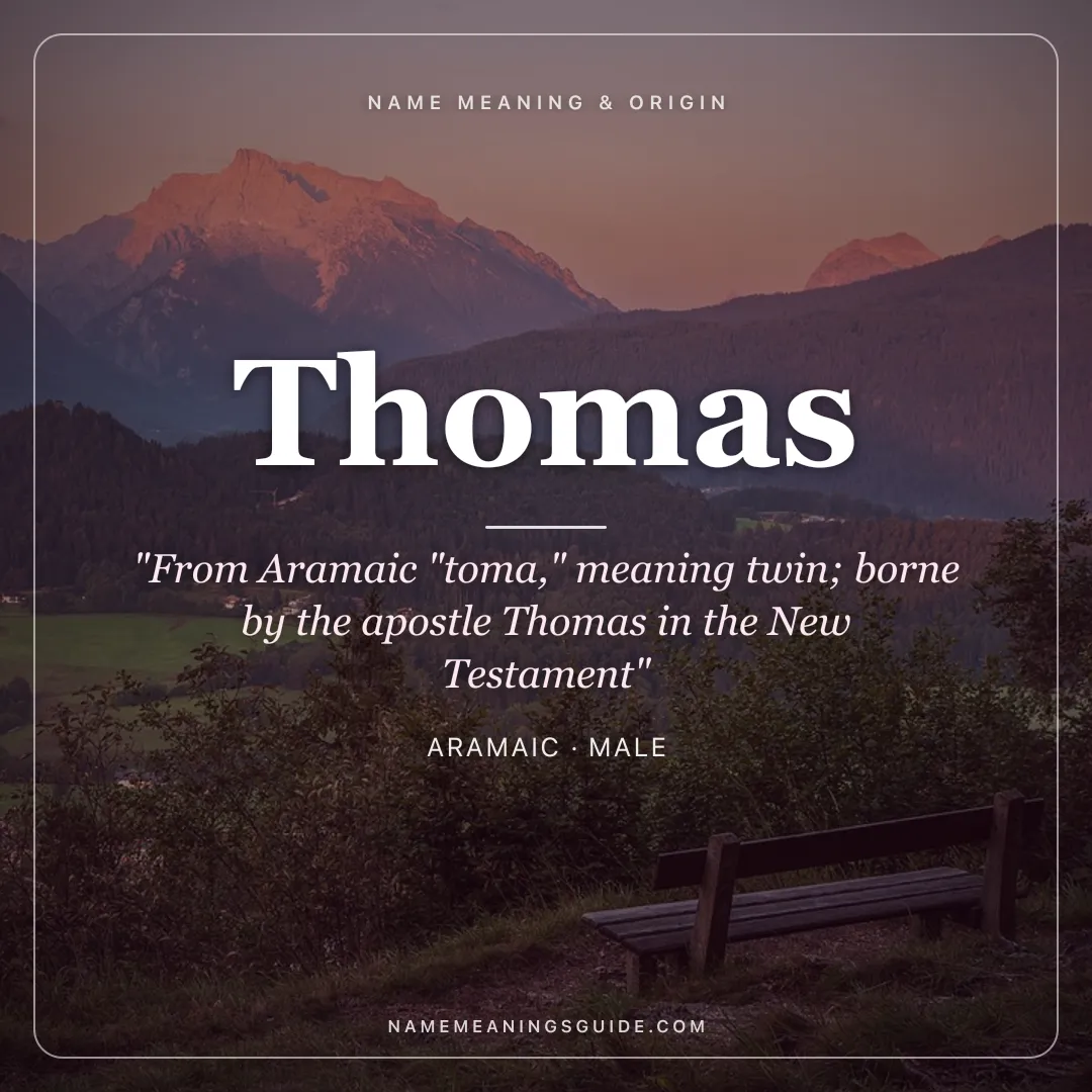 Thomas name meaning "From Aramaic "toma," meaning twin; borne by the apostle Thomas in the New Testament" - Aramaic male name share card | NameMeanings