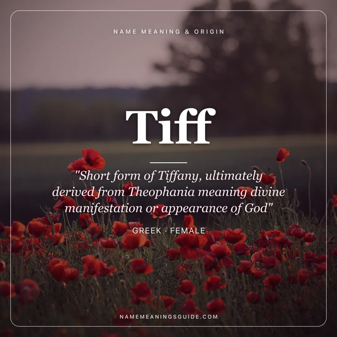 Tiff name meaning "Short form of Tiffany, ultimately derived from Theophania meaning divine manifestation or appearance of God" - Greek female name share card | NameMeanings