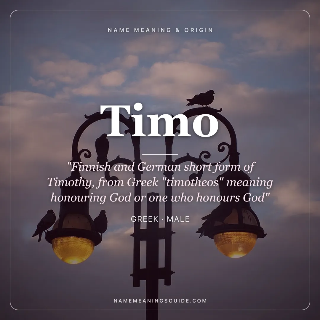 Timo name meaning "Finnish and German short form of Timothy, from Greek "timotheos" meaning honouring God or one who honours God" - Greek male name share card | NameMeanings