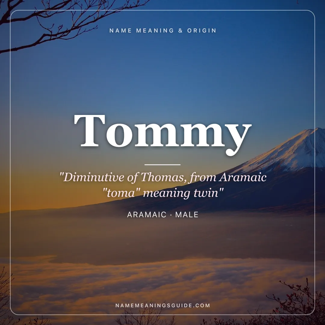 Tommy name meaning "Diminutive of Thomas, from Aramaic "toma" meaning twin" - Aramaic male name share card | NameMeanings