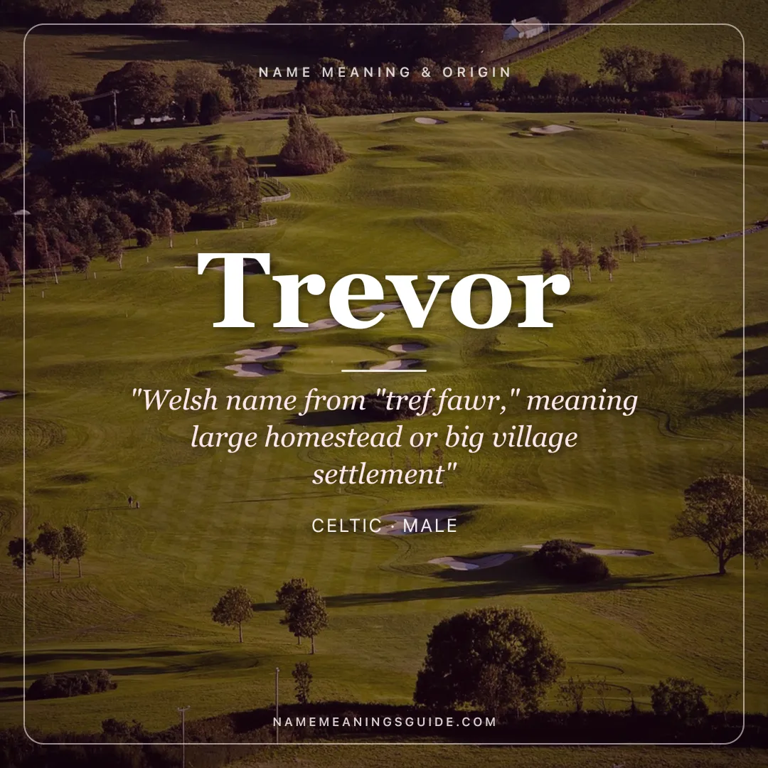 Trevor name meaning "Welsh name from "tref fawr," meaning large homestead or big village settlement" - Celtic male name share card | NameMeanings