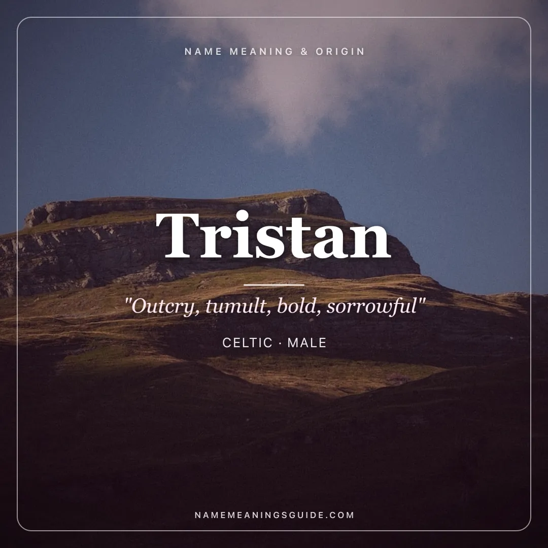Tristan name meaning "Outcry, tumult, bold, sorrowful" - Celtic, Welsh, French male name share card | NameMeanings