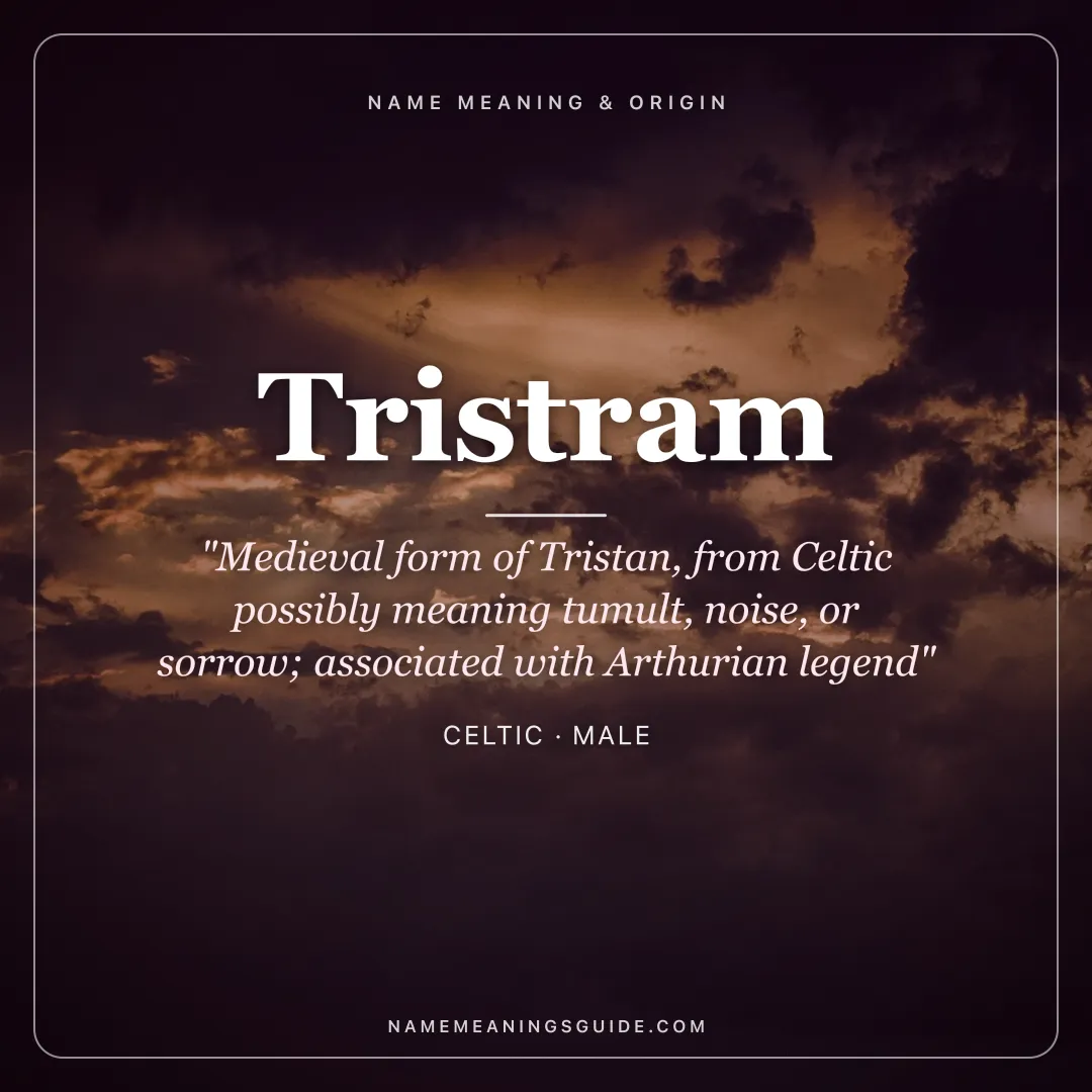 Tristram name meaning "Medieval form of Tristan, from Celtic possibly meaning tumult, noise, or sorrow; associated with Arthurian legend" - Celtic male name share card | NameMeanings