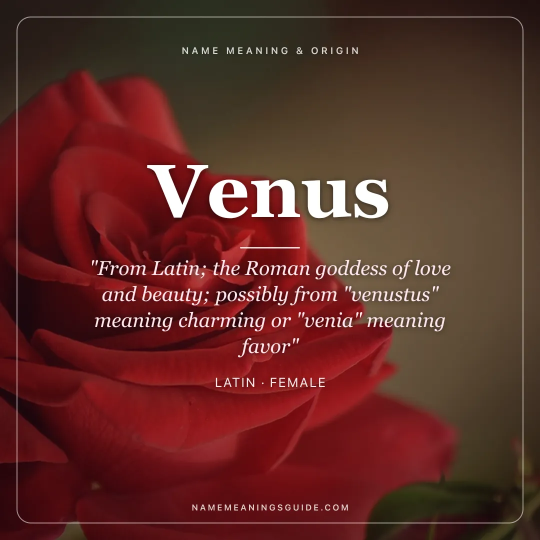 Venus name meaning "From Latin; the Roman goddess of love and beauty; possibly from "venustus" meaning charming or "venia" meaning favor" - Latin female name share card | NameMeanings