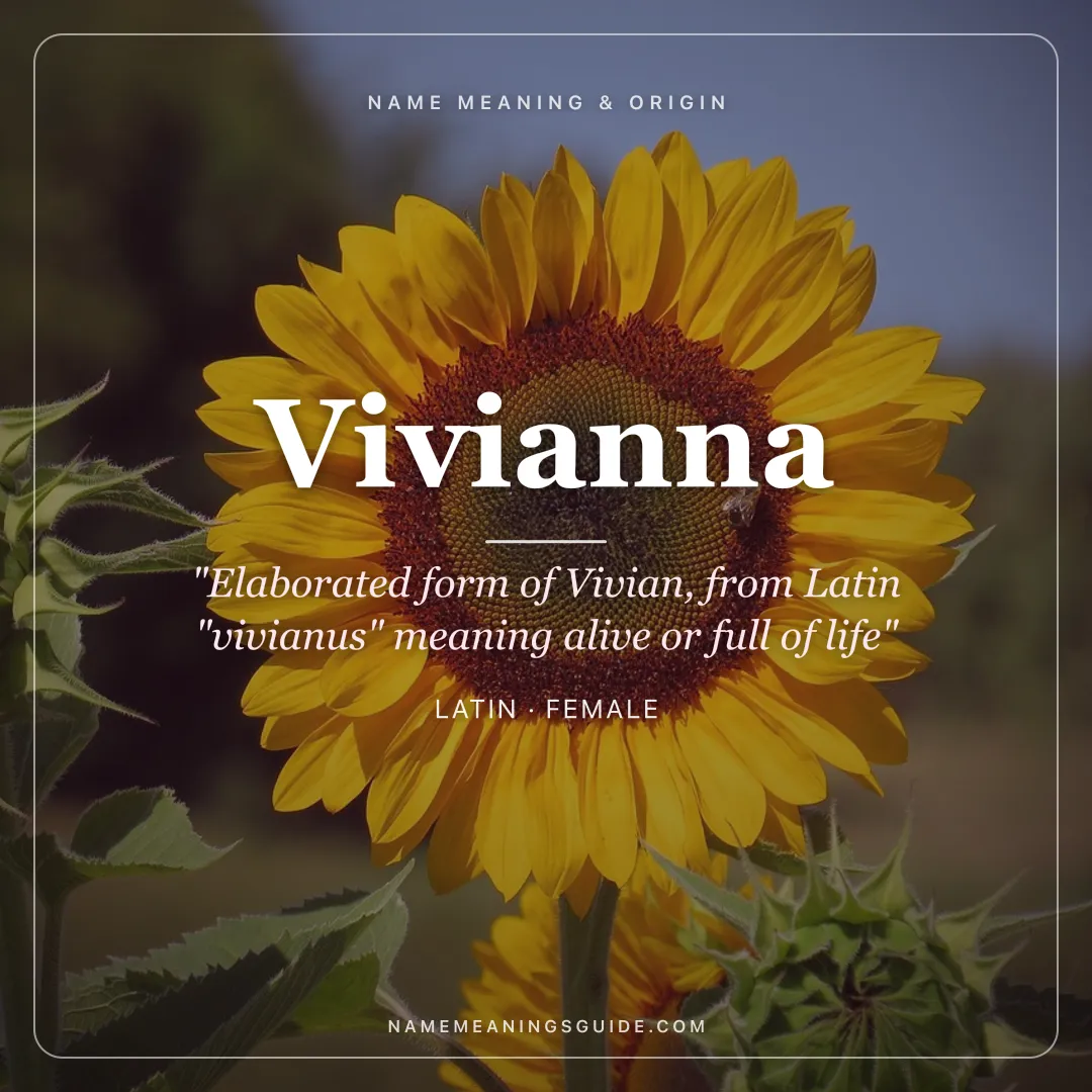Vivianna name meaning "Elaborated form of Vivian, from Latin "vivianus" meaning alive or full of life" - Latin female name share card | NameMeanings