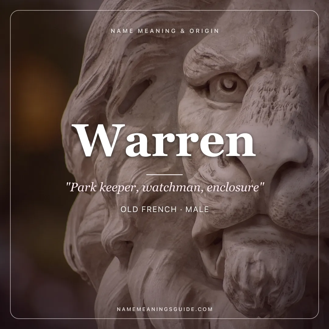 Warren name meaning "Park keeper, watchman, enclosure" - Old French, Germanic male name share card | NameMeanings