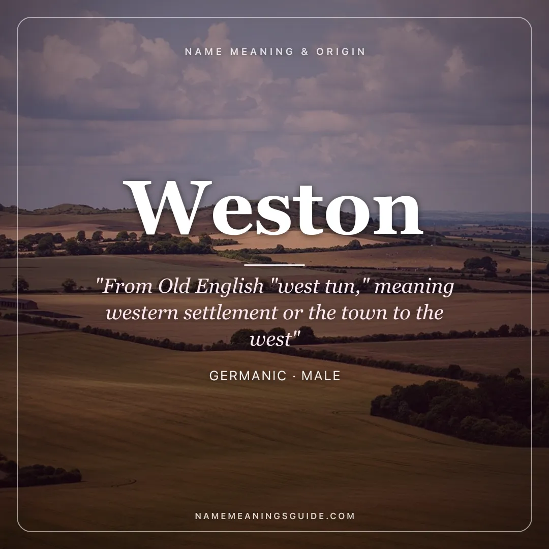 Weston name meaning "From Old English "west tun," meaning western settlement or the town to the west" - Germanic male name share card | NameMeanings
