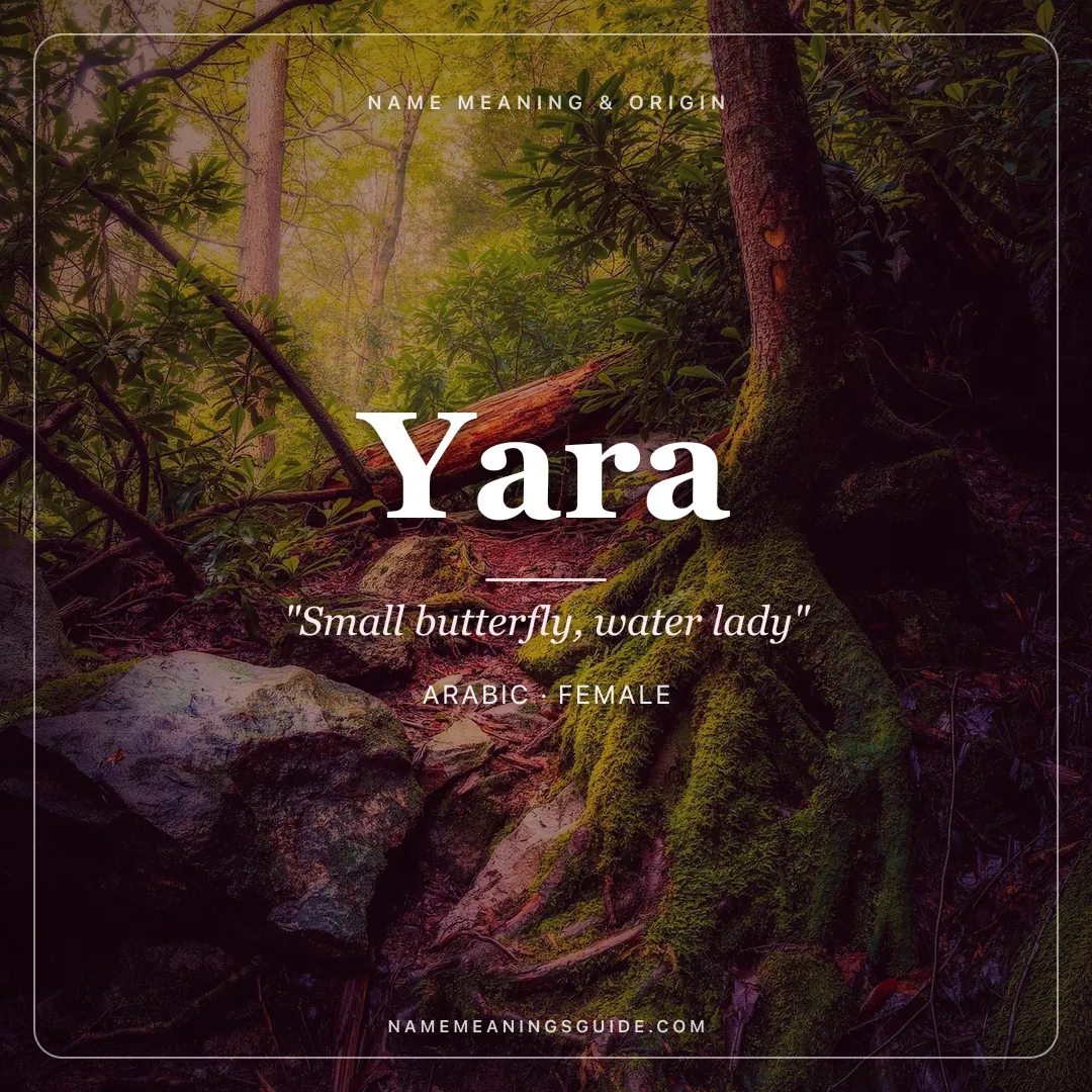 Yara name meaning "Small butterfly, water lady" - Arabic, Brazilian (Tupi) female name share card | NameMeanings