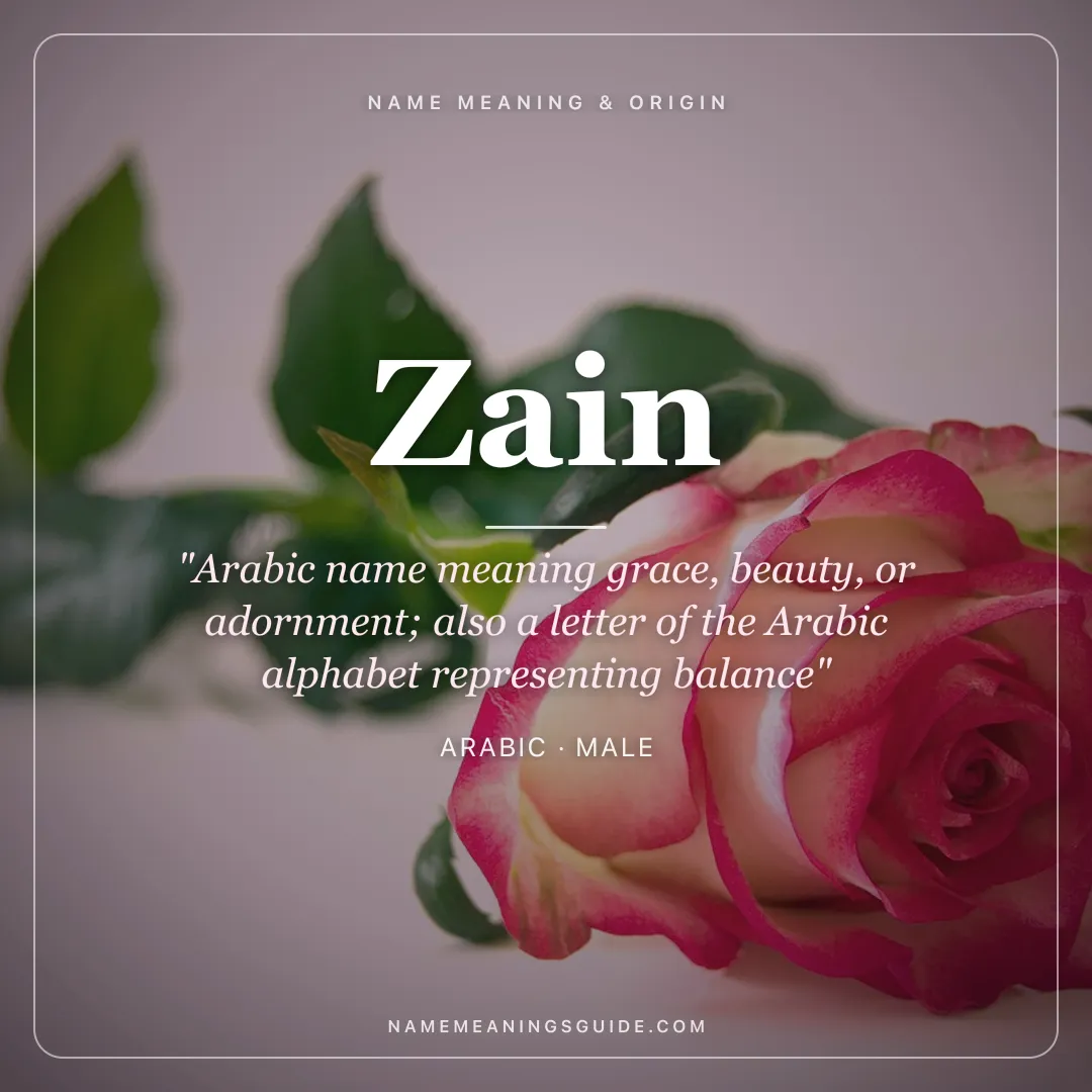 Zain name meaning "Arabic name meaning grace, beauty, or adornment; also a letter of the Arabic alphabet representing balance" - Arabic male name share card | NameMeanings