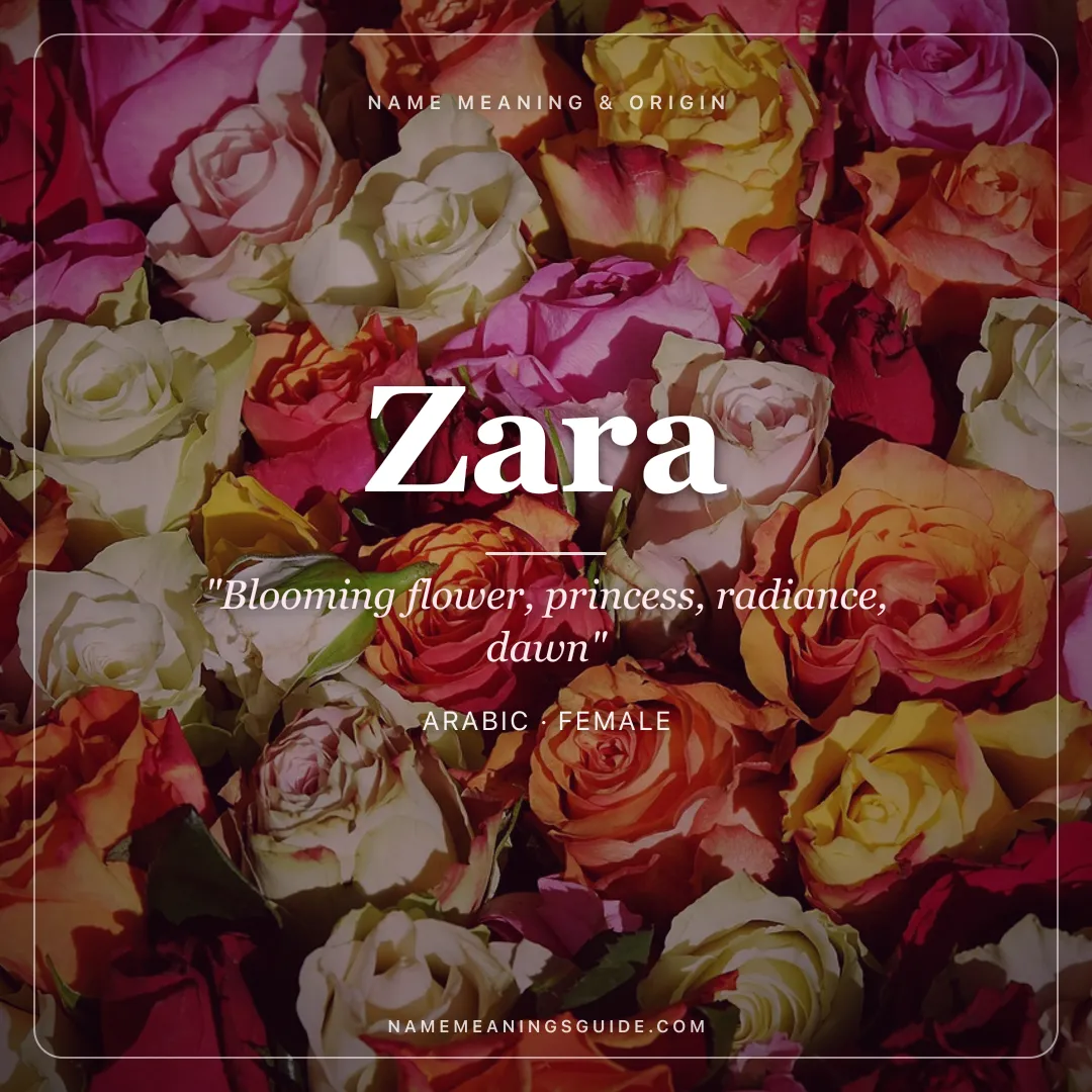 Zara name meaning "Blooming flower, princess, radiance, dawn" - Arabic, Hebrew female name share card | NameMeanings