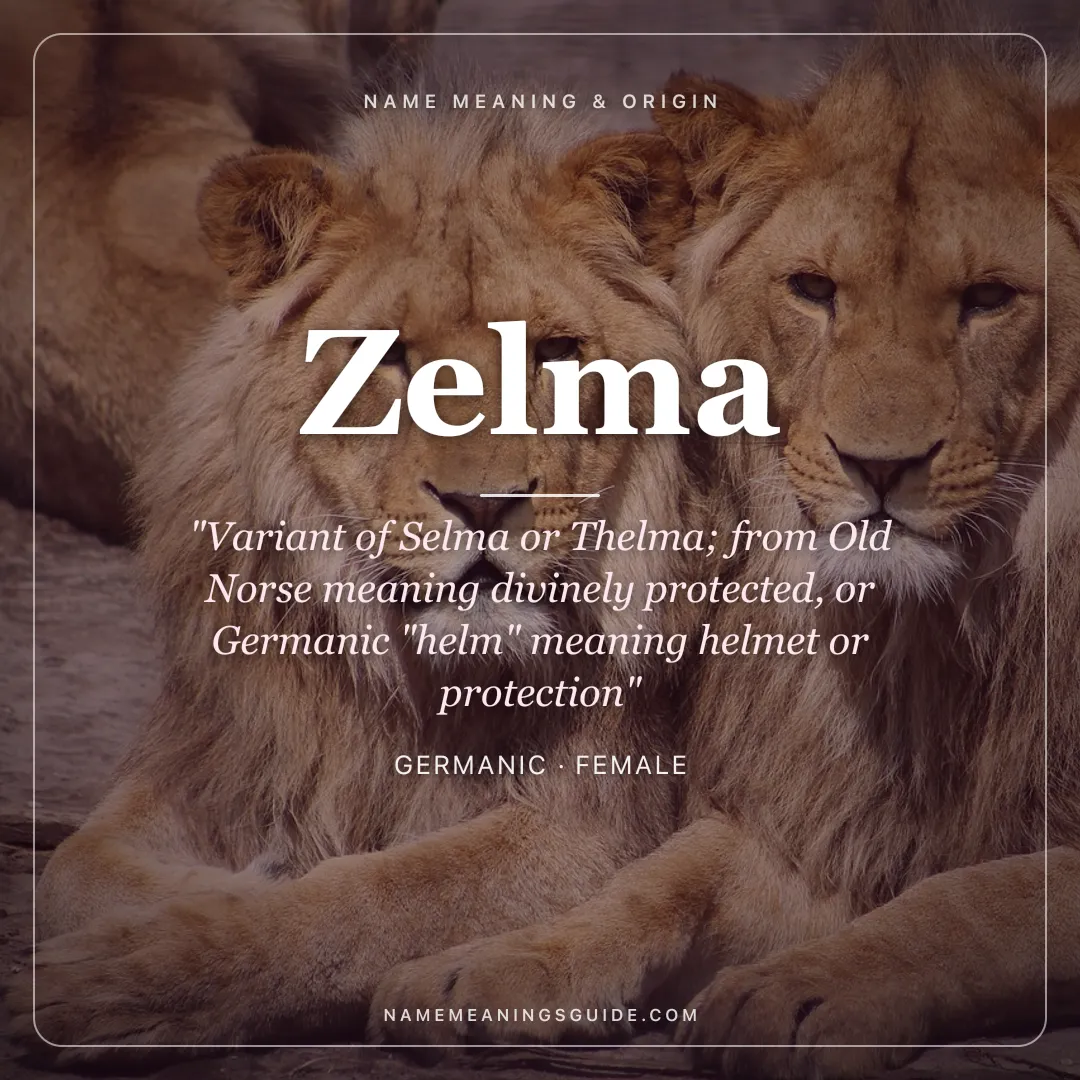 Zelma name meaning "Variant of Selma or Thelma; from Old Norse meaning divinely protected, or Germanic "helm" meaning helmet or protection" - Germanic female name share card | NameMeanings