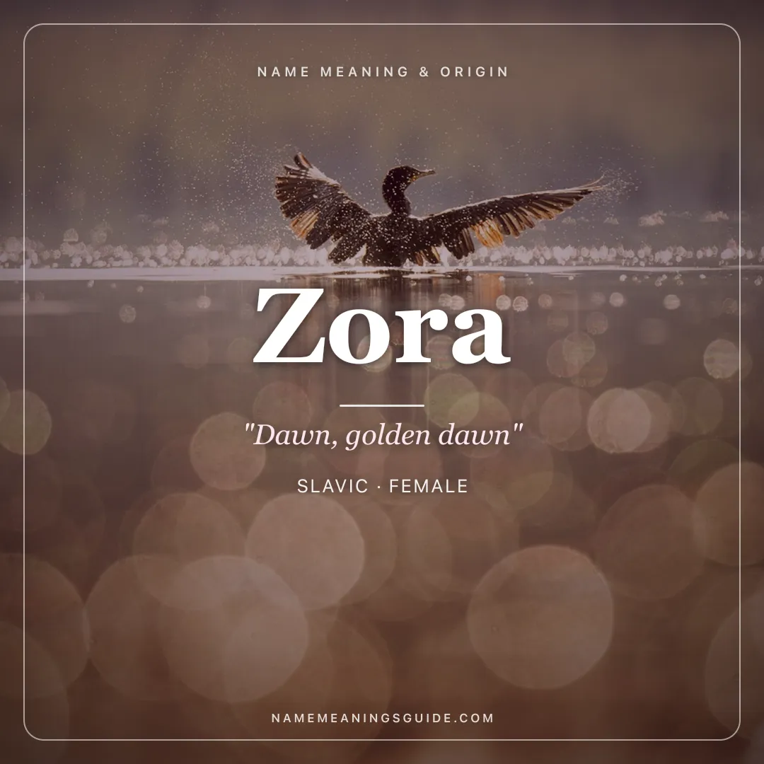 Zora name meaning "Dawn, golden dawn" - Slavic, Arabic female name share card | NameMeanings